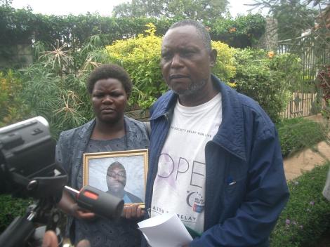 The deceased's mother Florence Othieno and father Lucas Otieno speak to journalists